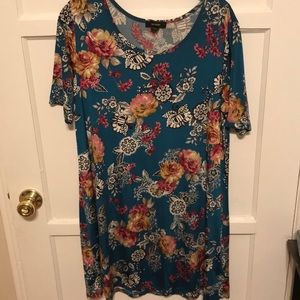 Teal Floral Jersey Knit Swing Dress, Size L